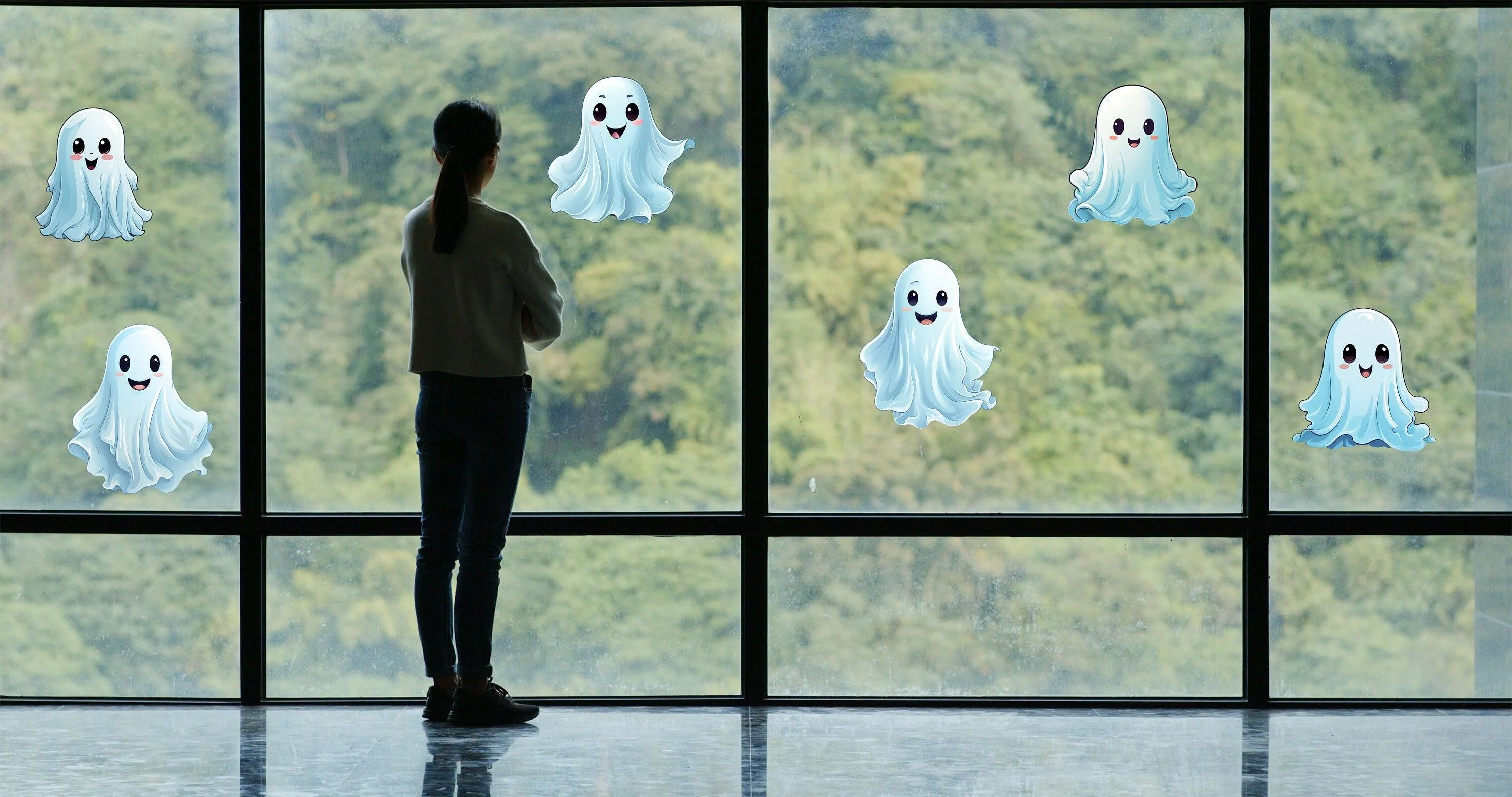 12x Printed White Ghosts Window Decals - Spooky Halloween Window Stickers Decor