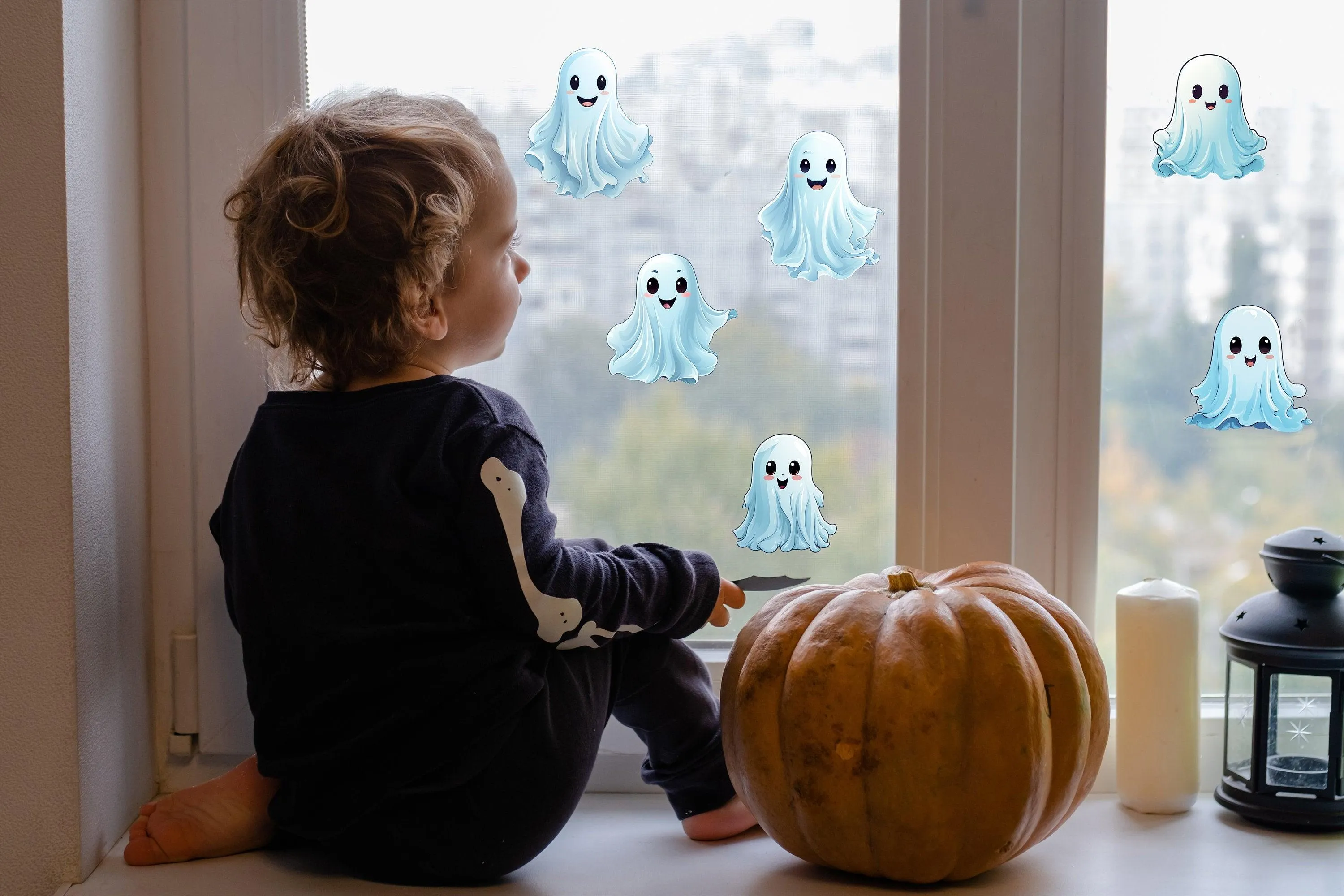 12x Printed White Ghosts Window Decals - Spooky Halloween Window Stickers Decor