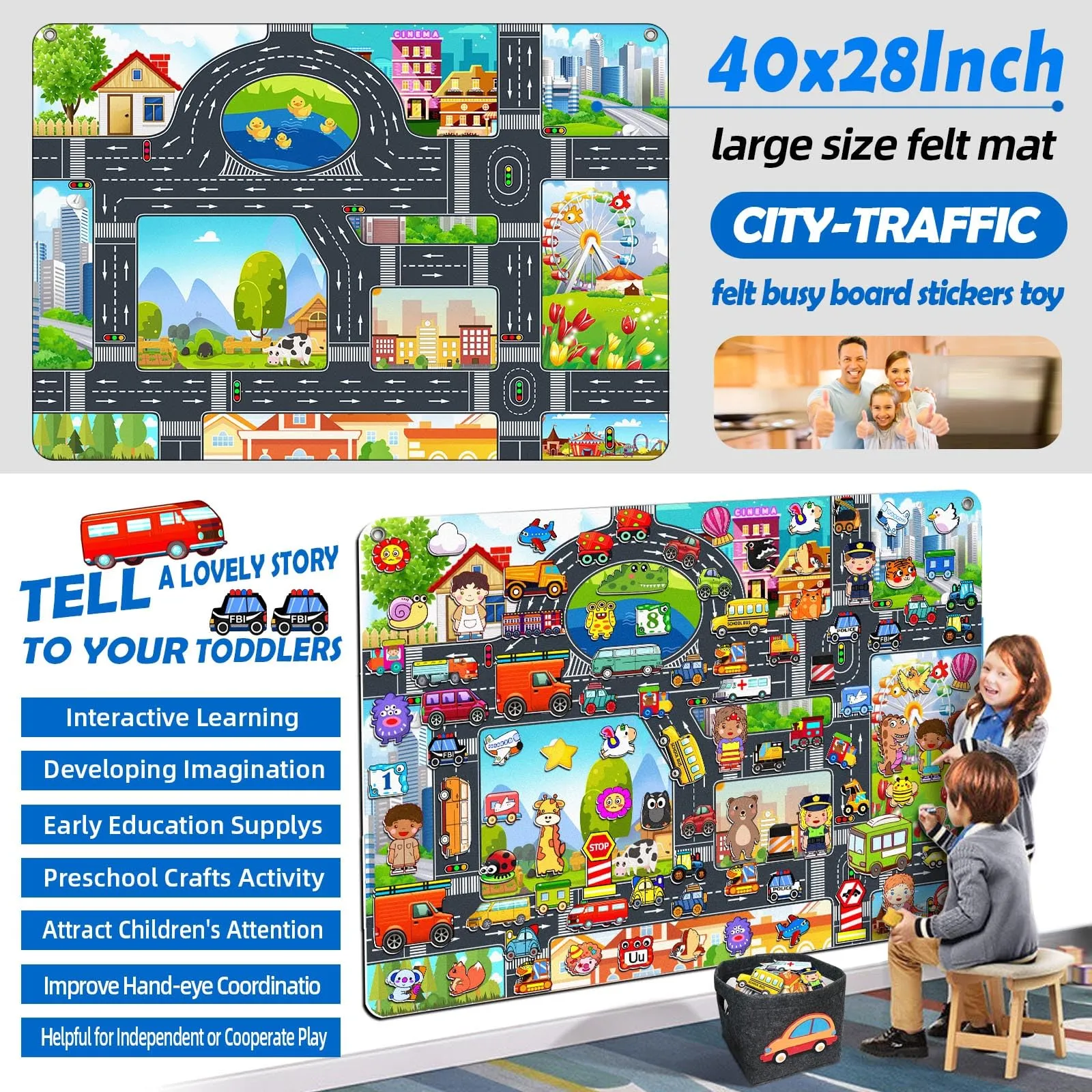 190 PCS Felt Board Story Set for Toddlers with Storage Bag City Traffic Themed 40 X 28 inch Teaching Wall Flannel Board Kit for Preschool Activity Early Learning Interactive Storytelling(Darkgrey)