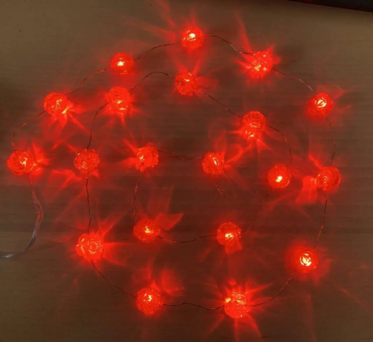 20 Battery Operated LED Red Rose Lights on Copper Wire Christmas Tree Lights