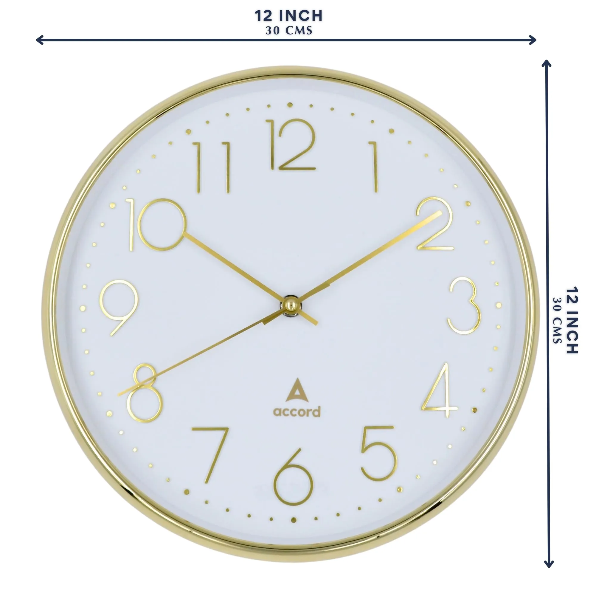 ACCORD CLOCKS Premium Contemporary Wall Clock with Silent Sweep Noiseless Movement - Gold Frame - HD Clear Glass Surface - 12 inch / 30.5 cm - Model TIME Square