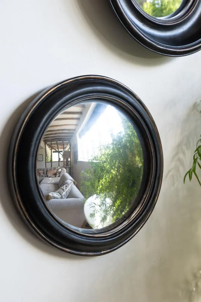 Antique Black Round Framed Medium Convex Mirror