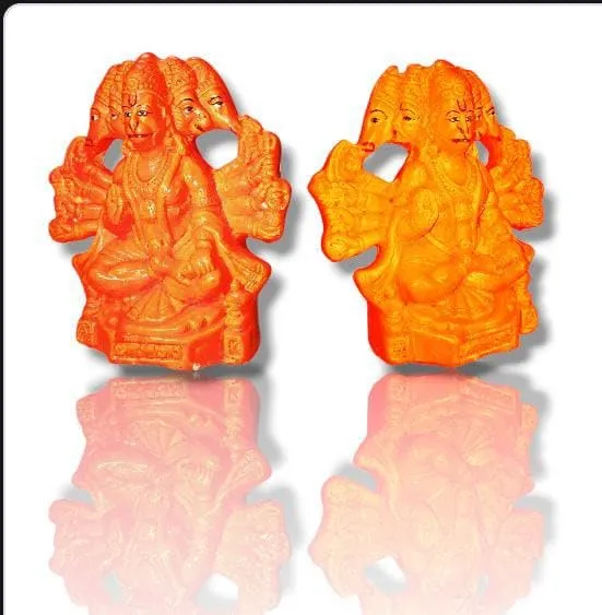 Bells and Glitters SINDOORI Hanuman | Panch MUKHI Hanuman Idol| Panch MUKHI Clay SINDOORI Hanuman Idol| Five Faced RED Hanuman Idol | Size 14 CM | Ideal for Home,Office, PUJA ETC