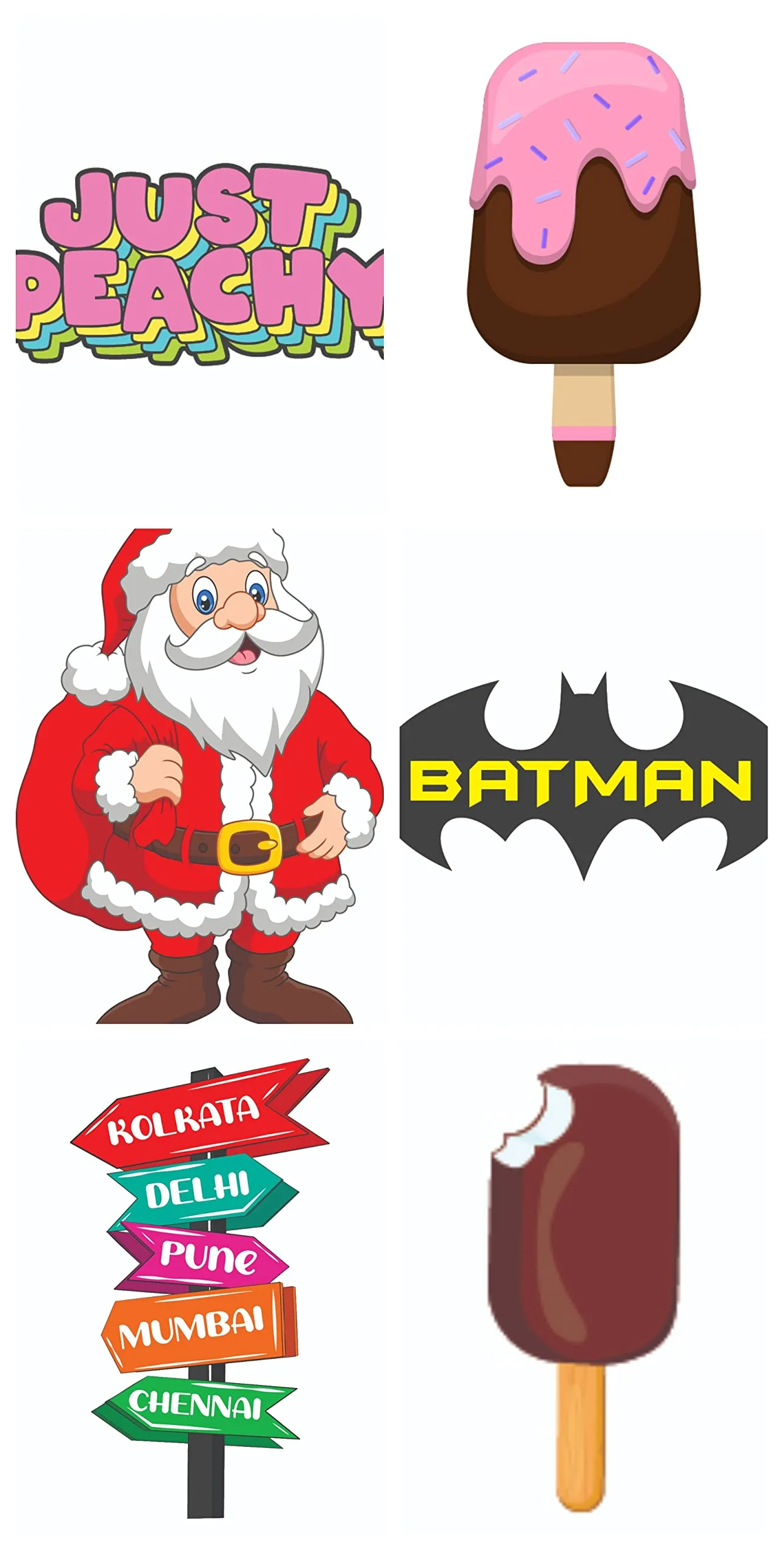 Bhai Please Just Peachy, Choco Icecream, Santclaus, Batman, Travel Board and Chocobar Wooden Fridge Magnet (Pack of 6 pcs, one pc Each Design)