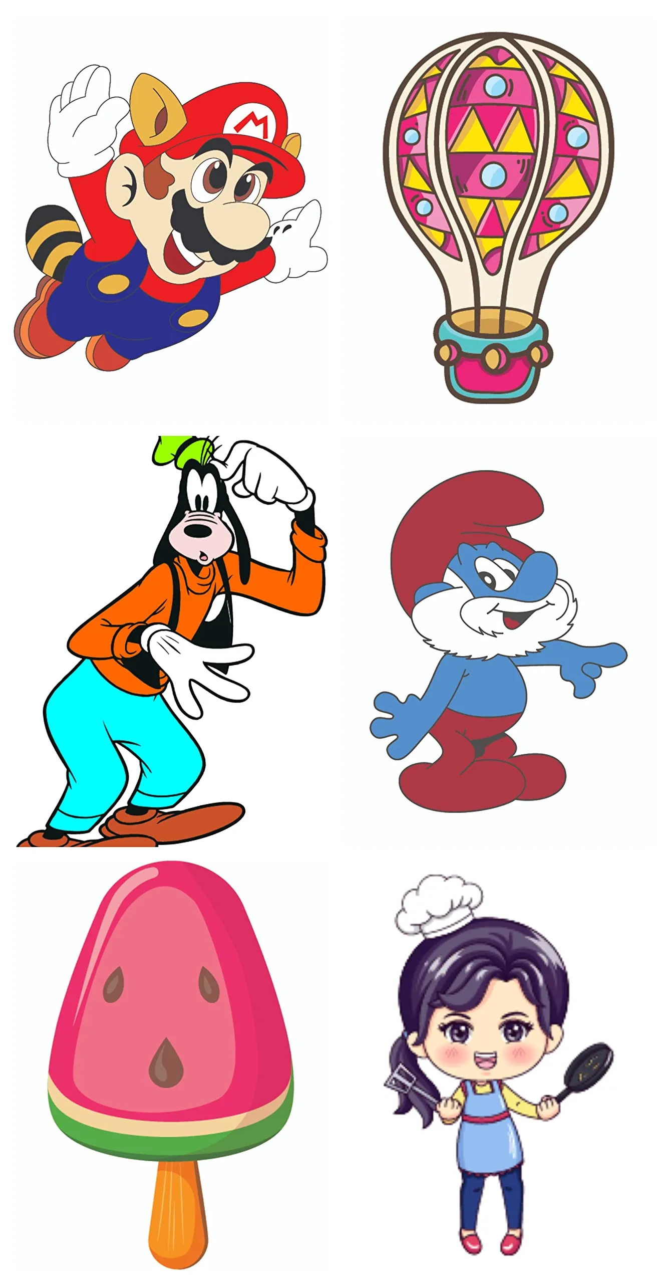 Bhai Please Super Mario, Parachute, Goofy, Smurf, Watermelon Icecream and Female Chef Wooden Fridge Magnet (Pack of 6 pcs, one pc Each Design)