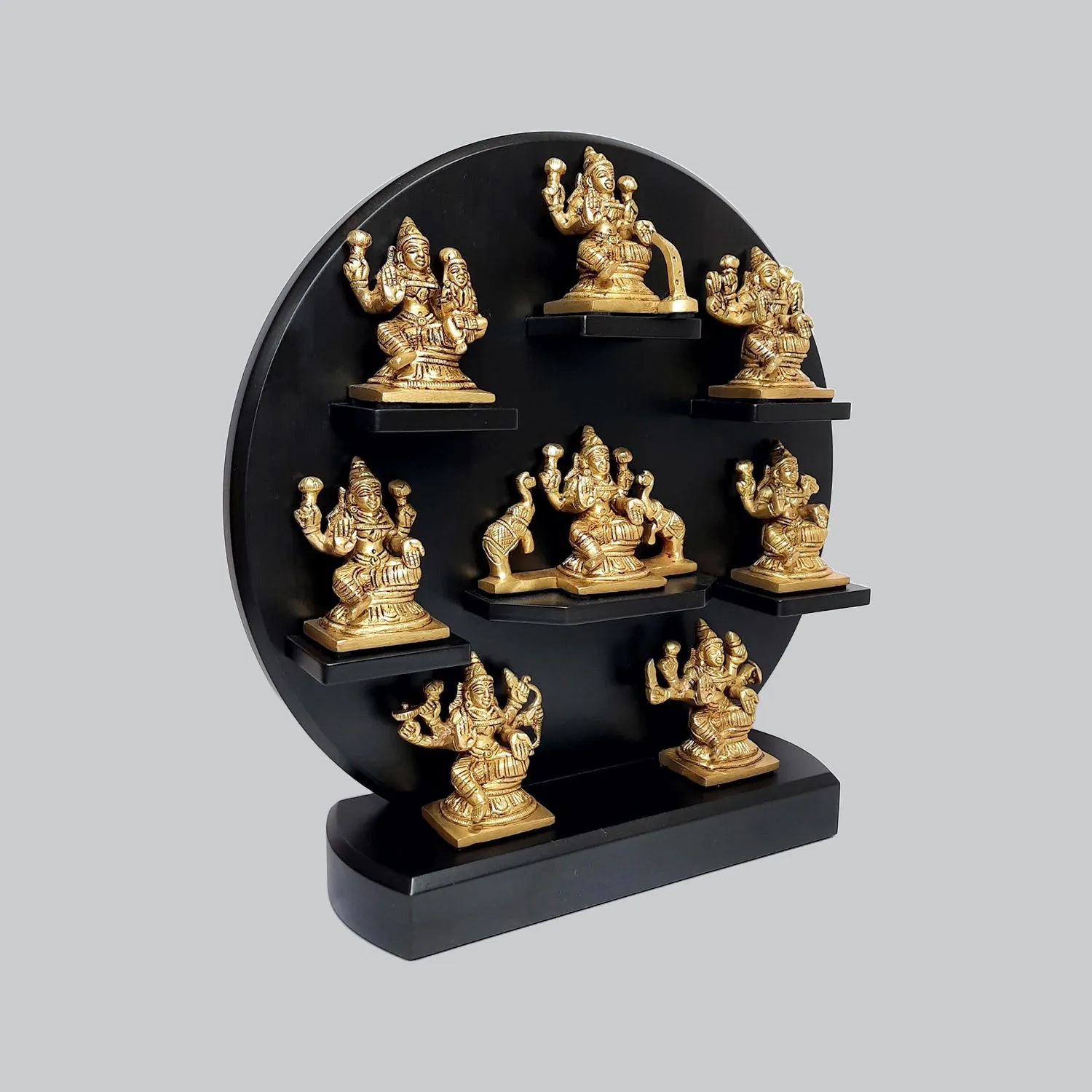 Brass Asthlaxmi with Wooden Round Stand 12 in