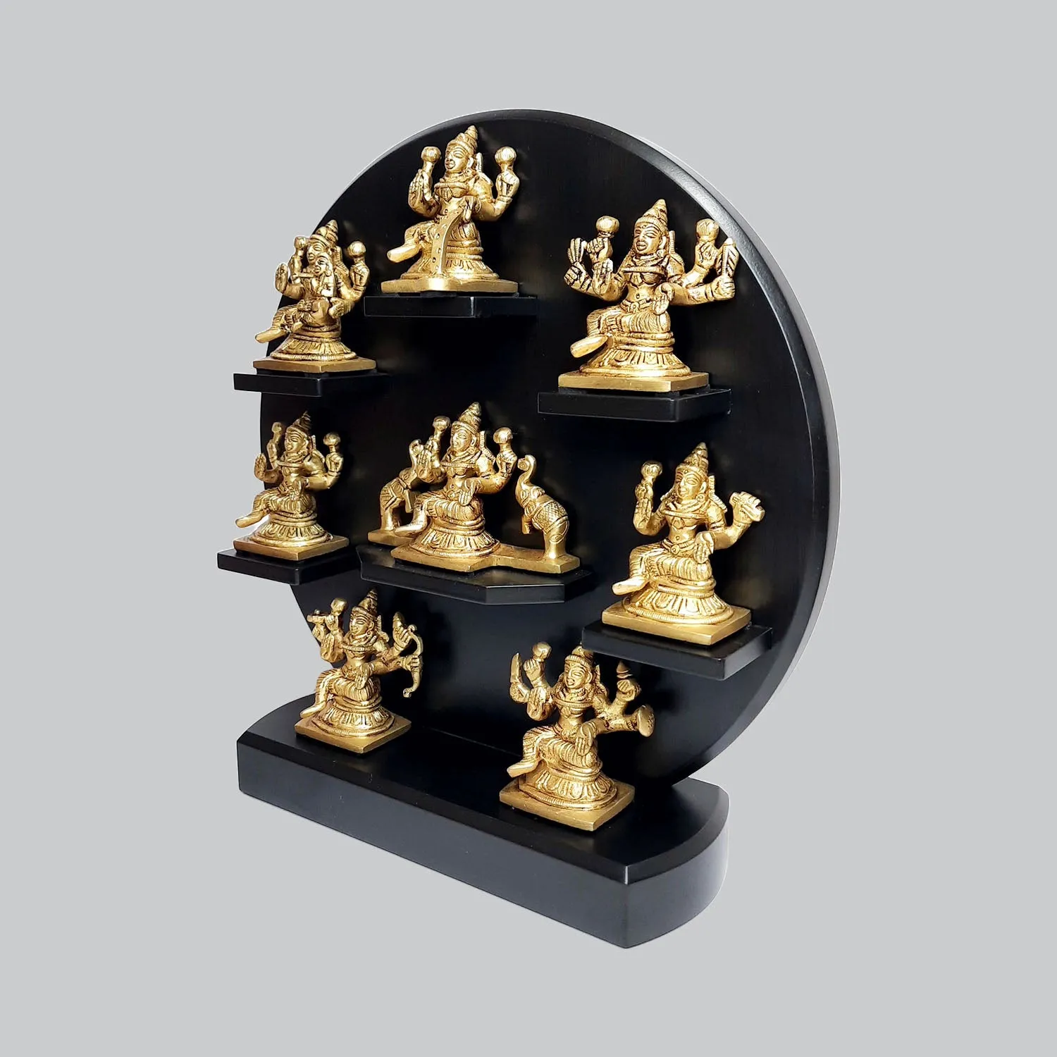 Brass Asthlaxmi with Wooden Round Stand 12 in