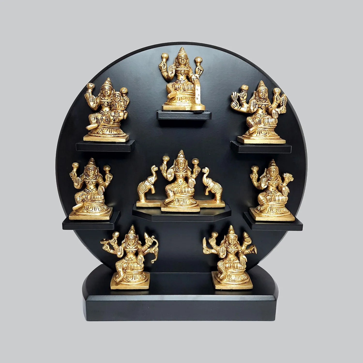 Brass Asthlaxmi with Wooden Round Stand 12 in