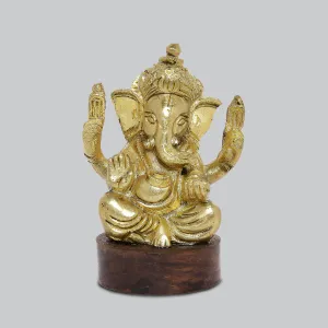 Brass Engraved Ganesha in Bright Gold Finish on Wooden Base 2.5 in