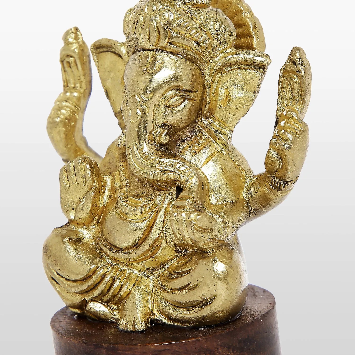 Brass Engraved Ganesha in Bright Gold Finish on Wooden Base 2.5 in