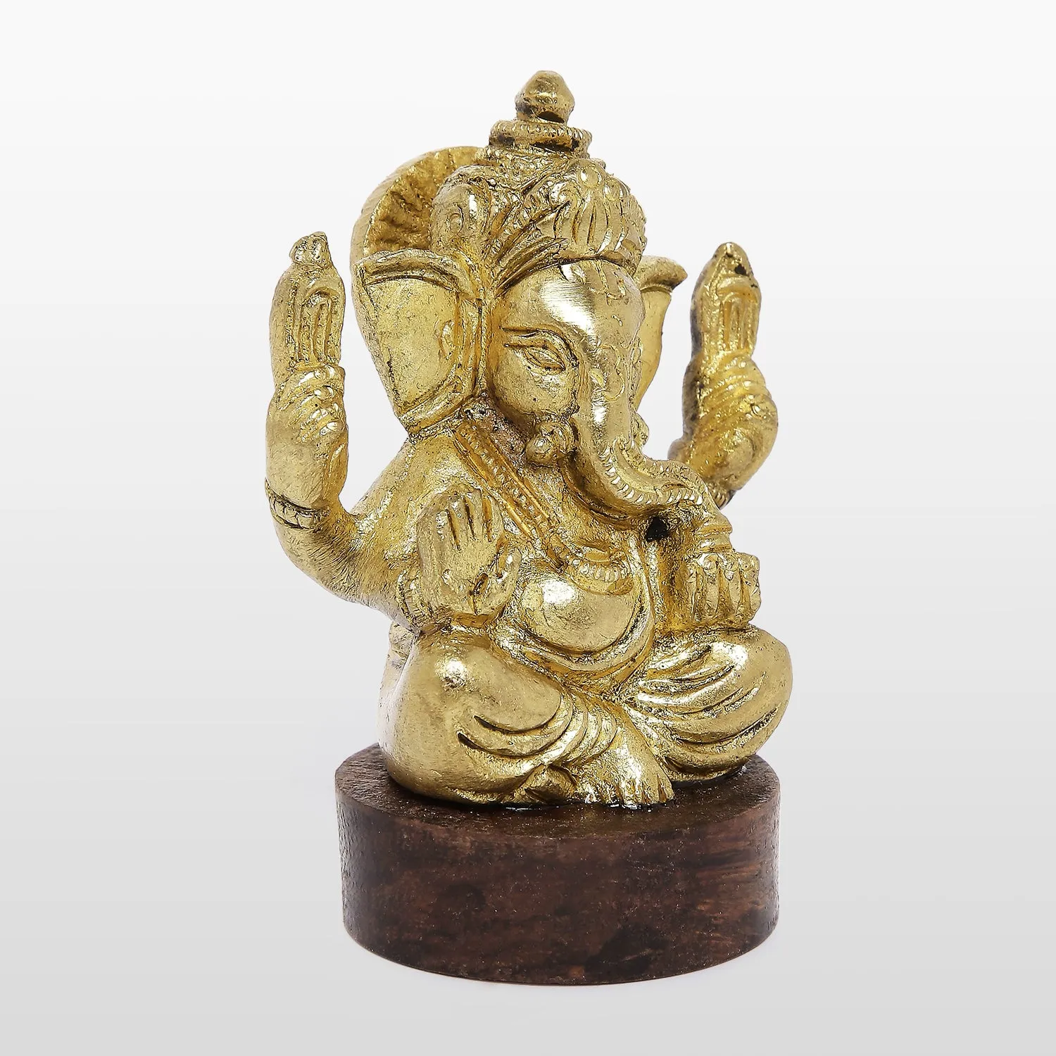 Brass Engraved Ganesha in Bright Gold Finish on Wooden Base 2.5 in