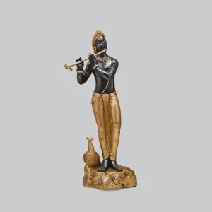 Brass Krishna with Peacock Standing on Rock in Black & Gold Finish 29 in