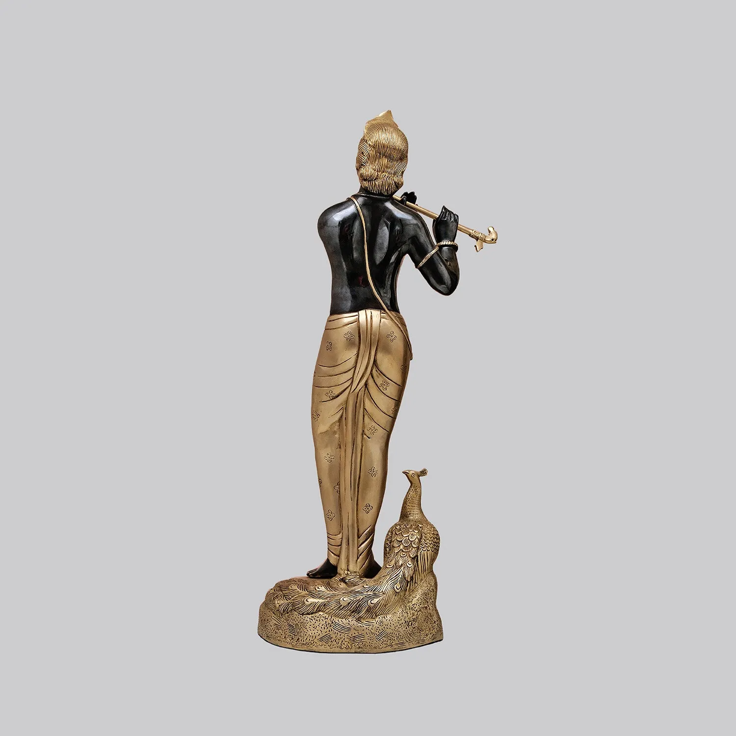 Brass Krishna with Peacock Standing on Rock in Black & Gold Finish 29 in