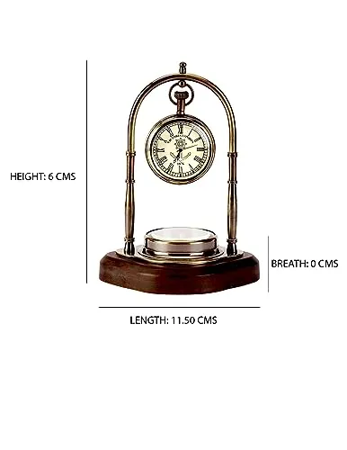 Brass Table Clock with Wooden Base with Compass