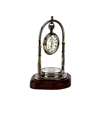 Brass Table Clock with Wooden Base with Compass