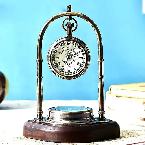 Brass Table Clock with Wooden Base with Compass