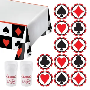 Casino Night Party Pack - Plastic Beverage Cups, Drink Coasters, and Table Cover Set (Serves 12)