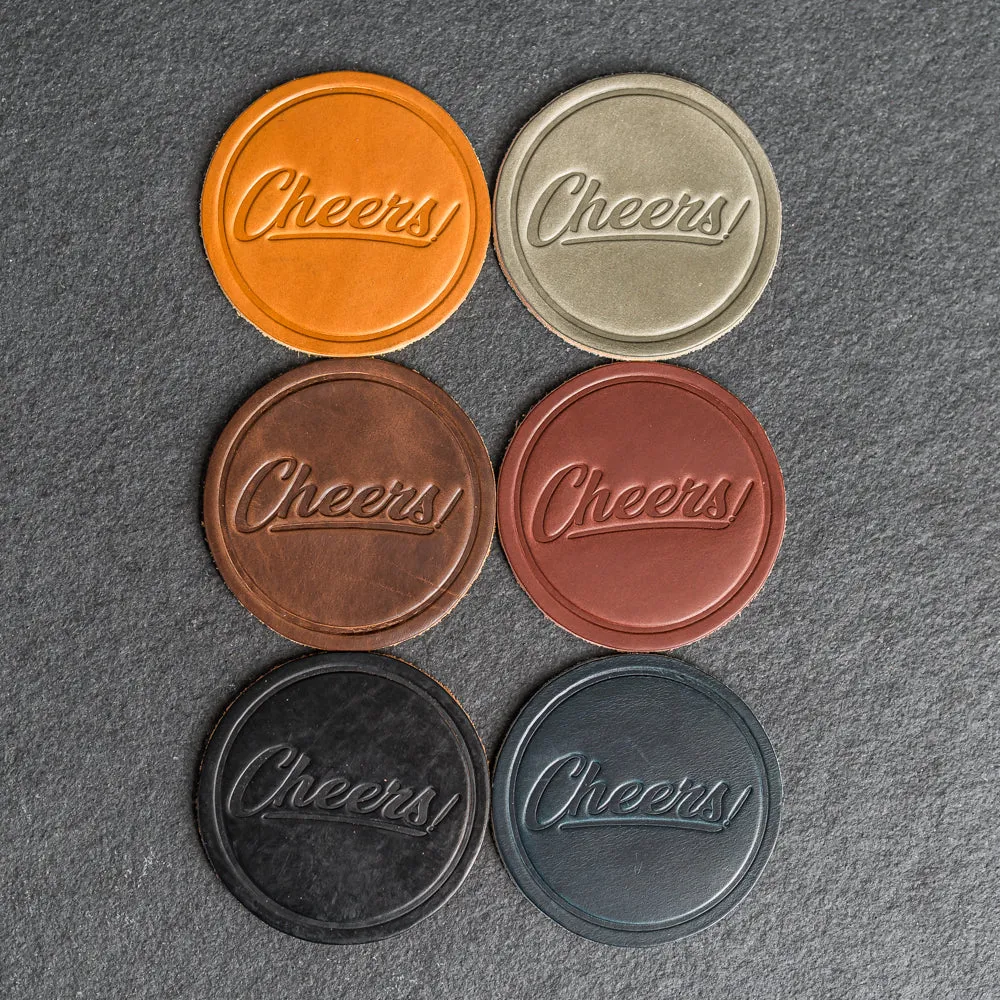 Cheers Leather Coasters - 4" Round - Sold individually or as a Set of 4