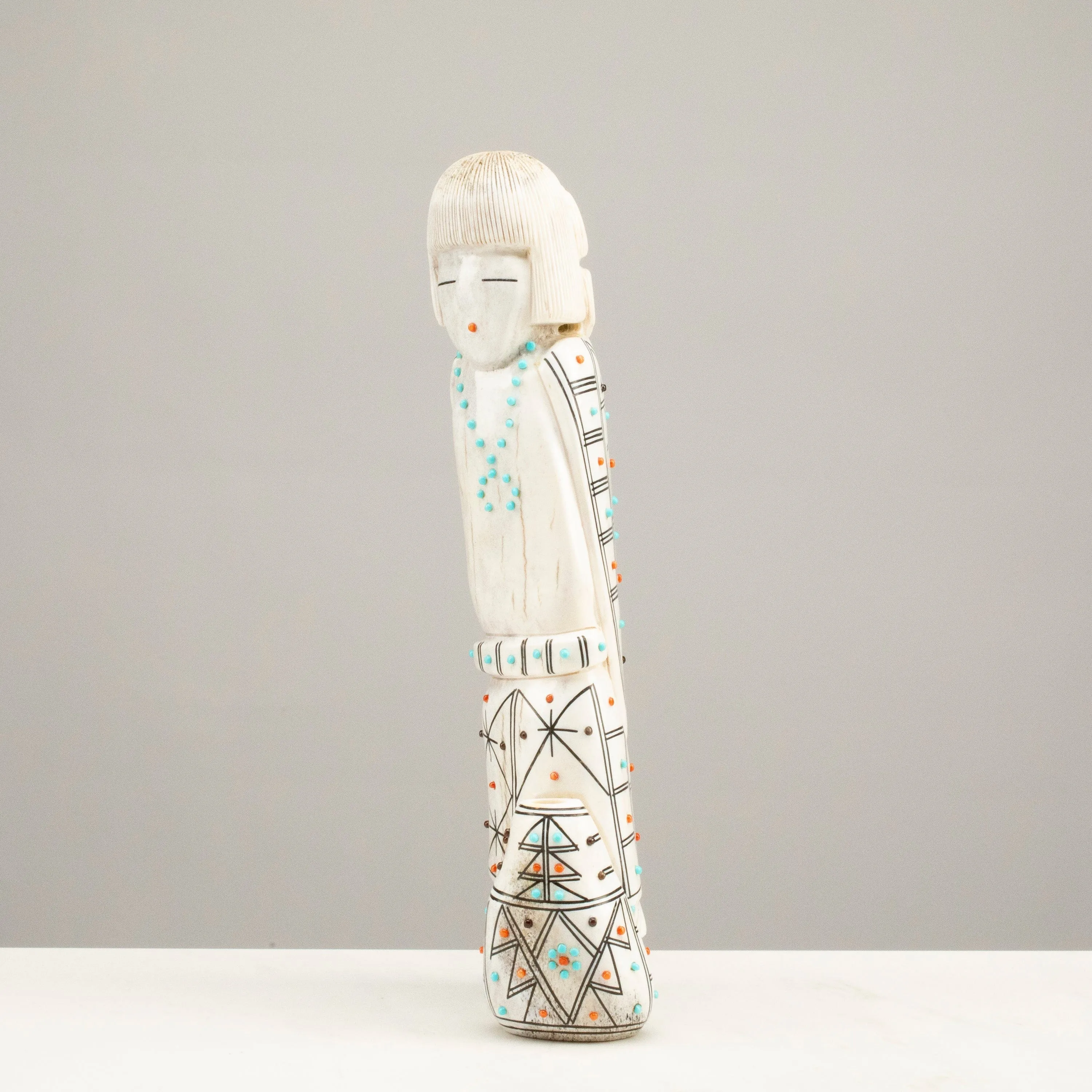 Claudia Peina Serpentine with Turquoise & Coral Handmade Zuni Maiden Fetish Carving