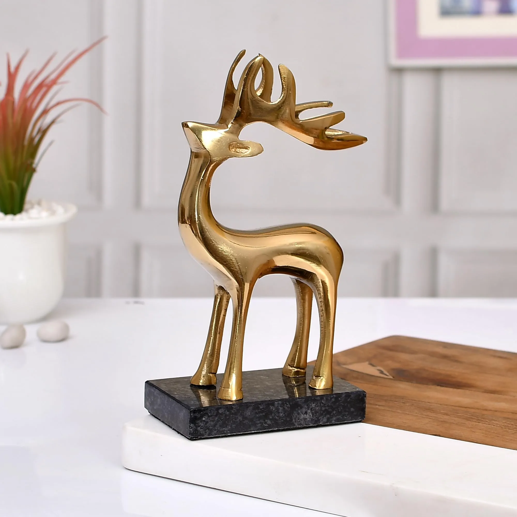 CraftVatika Reindeer Showpiece Metal for Home Decoration Item and Gifts - 7.6 Inch Deer with Granite Base Decorative Items for Home & Office, Living Room Decor