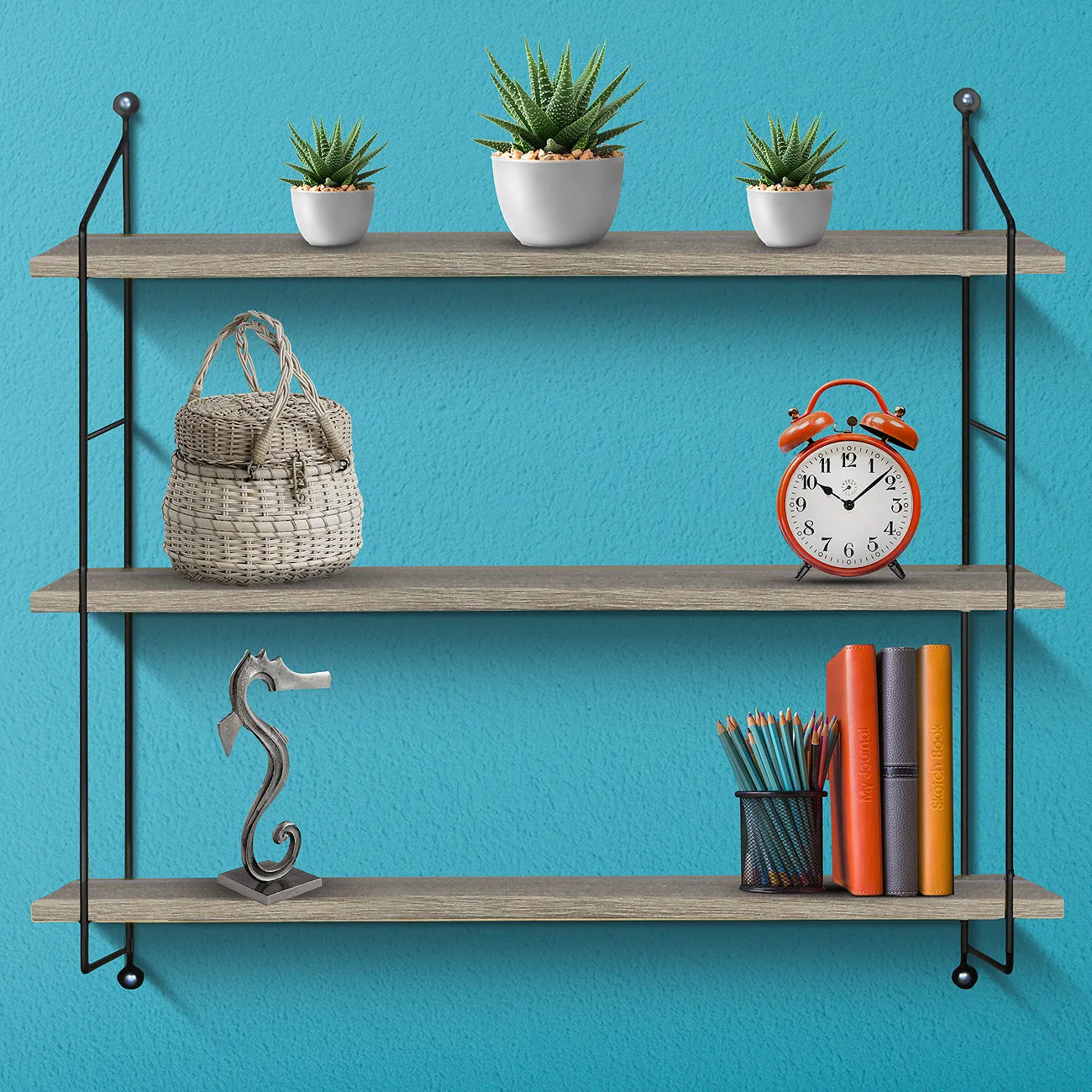 Floating wall shelf with metal brackets (3 Tier)