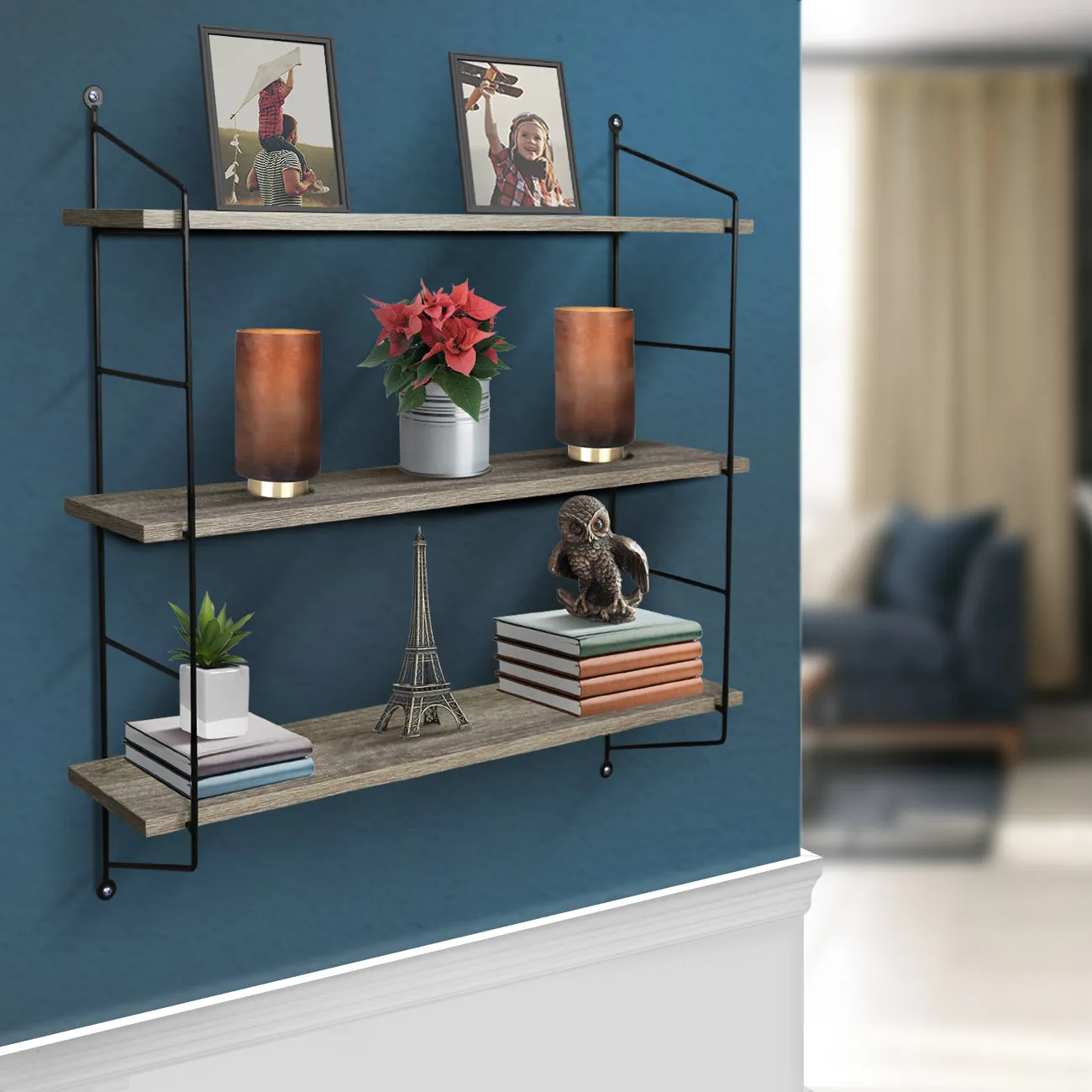 Floating wall shelf with metal brackets (3 Tier)