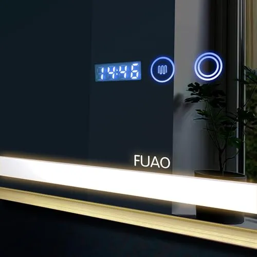 Fuao Premium HD Smart Mirror for Walls with Anti-Fog Function, Time-Temperature Display and Adjustable Brightness 3-Tone LED Lighting| 100% Silver Coating, Anodized Aluminium Frame Round-Gold-80CM