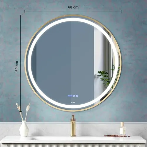 Fuao Premium HD Smart Mirror for Walls with Anti-Fog Function, Time-Temperature Display and Adjustable Brightness 3-Tone LED Lighting| 100% Silver Coating, Anodized Aluminium Frame Round-Gold-80CM