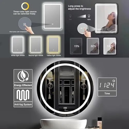 Fuao Premium HD Smart Mirror for Walls with Anti-Fog Function, Time-Temperature Display and Adjustable Brightness 3-Tone LED Lighting| 100% Silver Coating, Anodized Aluminium Frame Round-Gold-80CM