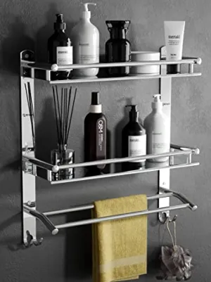 GRIVAN Multipurpose Stainless Steel Double Layer Shelf with Towel Rod I Multipurpose Wall Mount Bath Shelf Organizer l Bathroom Shelf and Rack I Bathroom Accessories - Chrome Finish, Silver