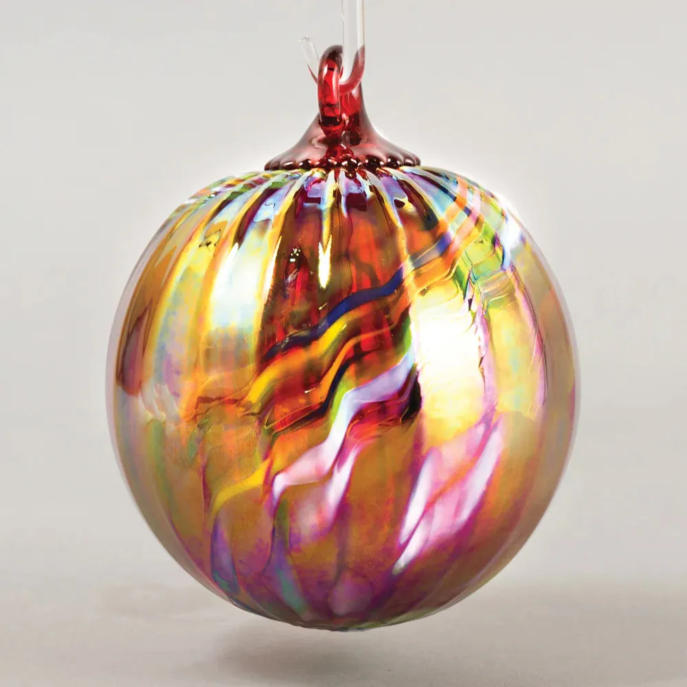 Handblown Set of Three Classic Ornaments in Bellina Orchid, Holiday Swirl Raindrop, and Holiday Swirl by Glass Eye Studio