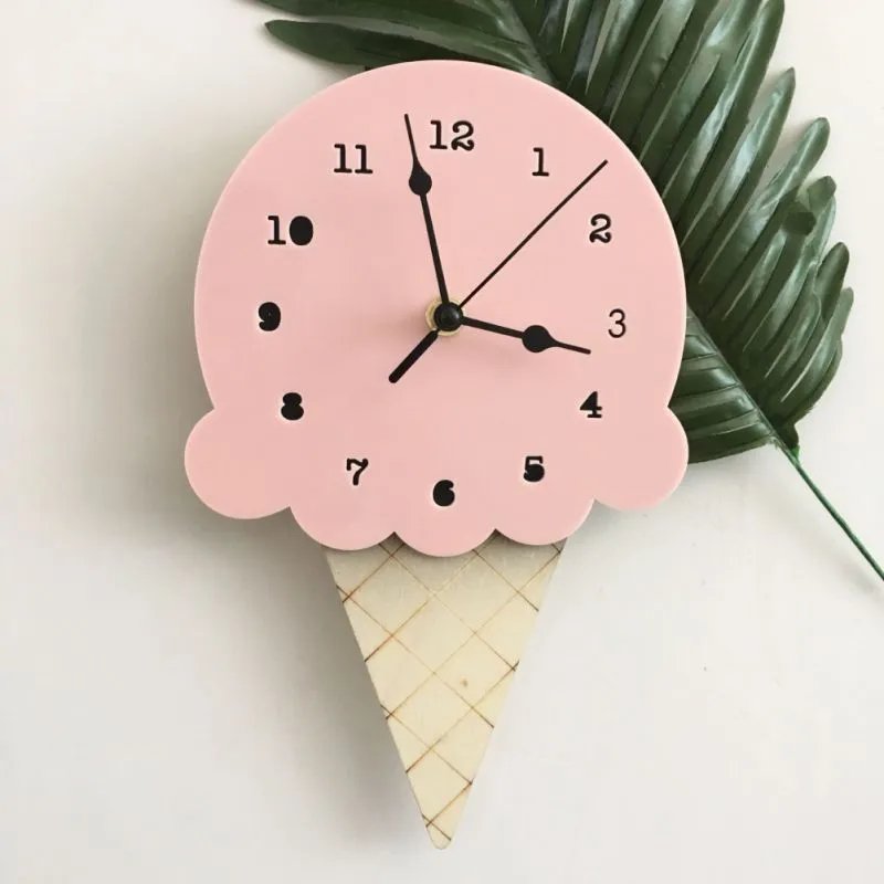 Ice Cream Shape Non-Ticking Wood Wall Clock Kids Room Decor