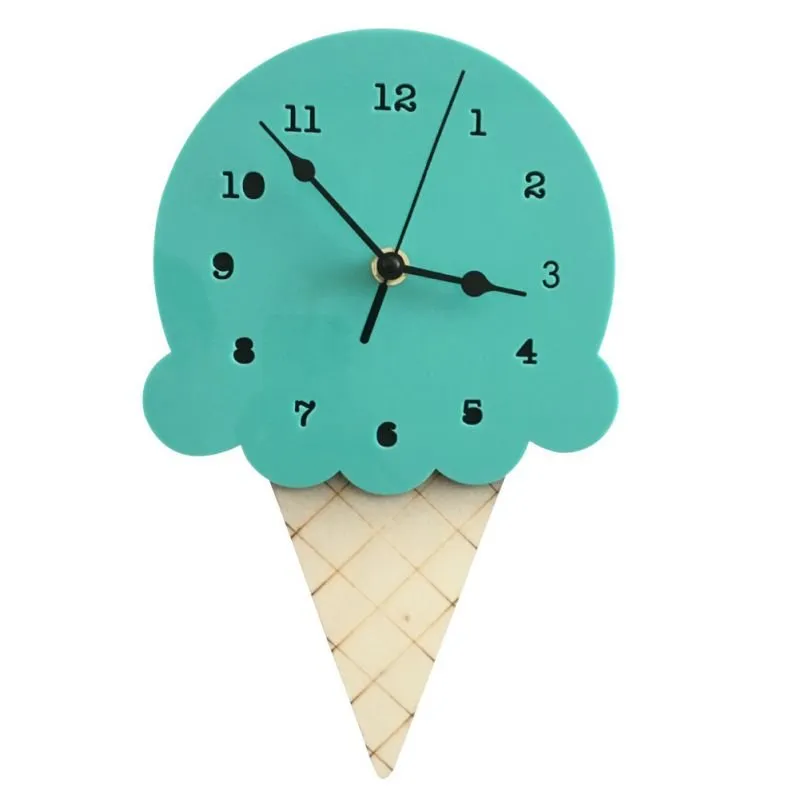 Ice Cream Shape Non-Ticking Wood Wall Clock Kids Room Decor