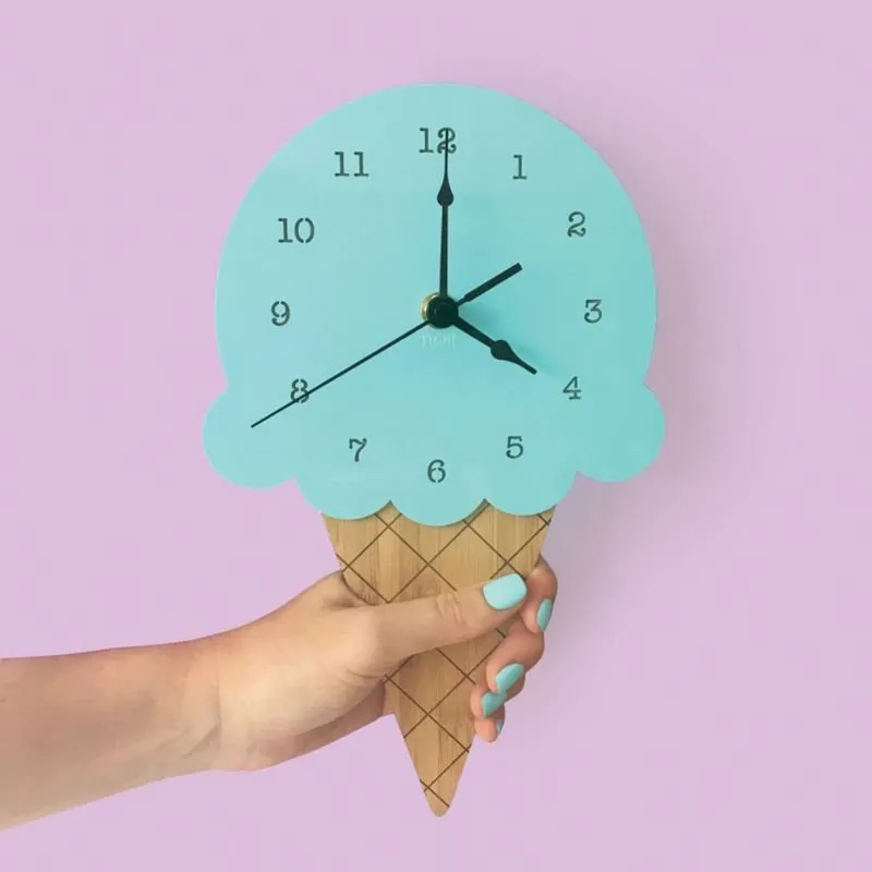 Ice Cream Shape Non-Ticking Wood Wall Clock Kids Room Decor