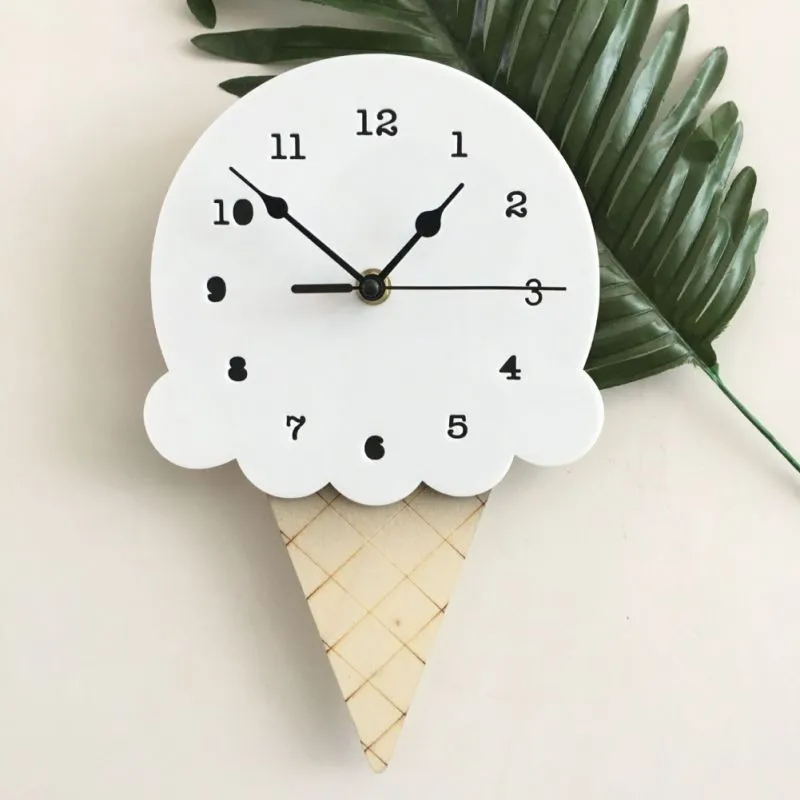 Ice Cream Shape Non-Ticking Wood Wall Clock Kids Room Decor