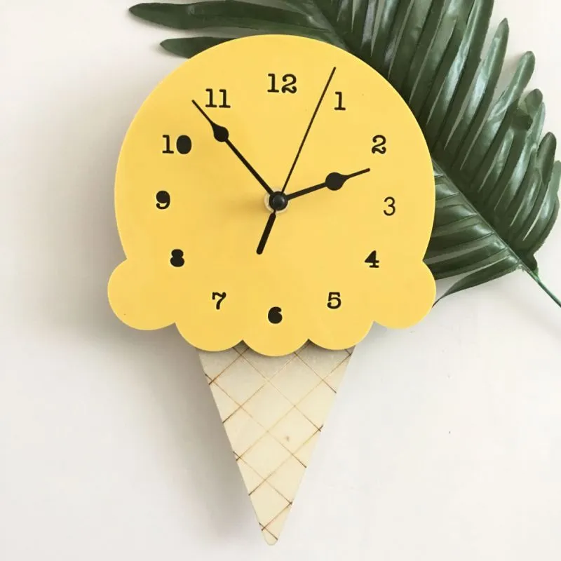 Ice Cream Shape Non-Ticking Wood Wall Clock Kids Room Decor