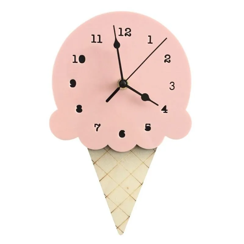 Ice Cream Shape Non-Ticking Wood Wall Clock Kids Room Decor