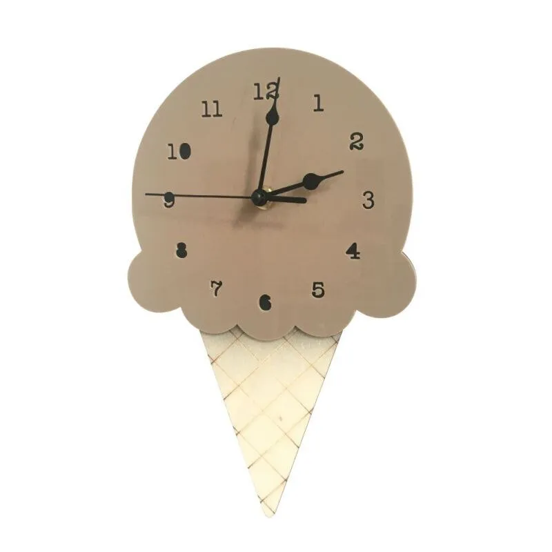 Ice Cream Shape Non-Ticking Wood Wall Clock Kids Room Decor