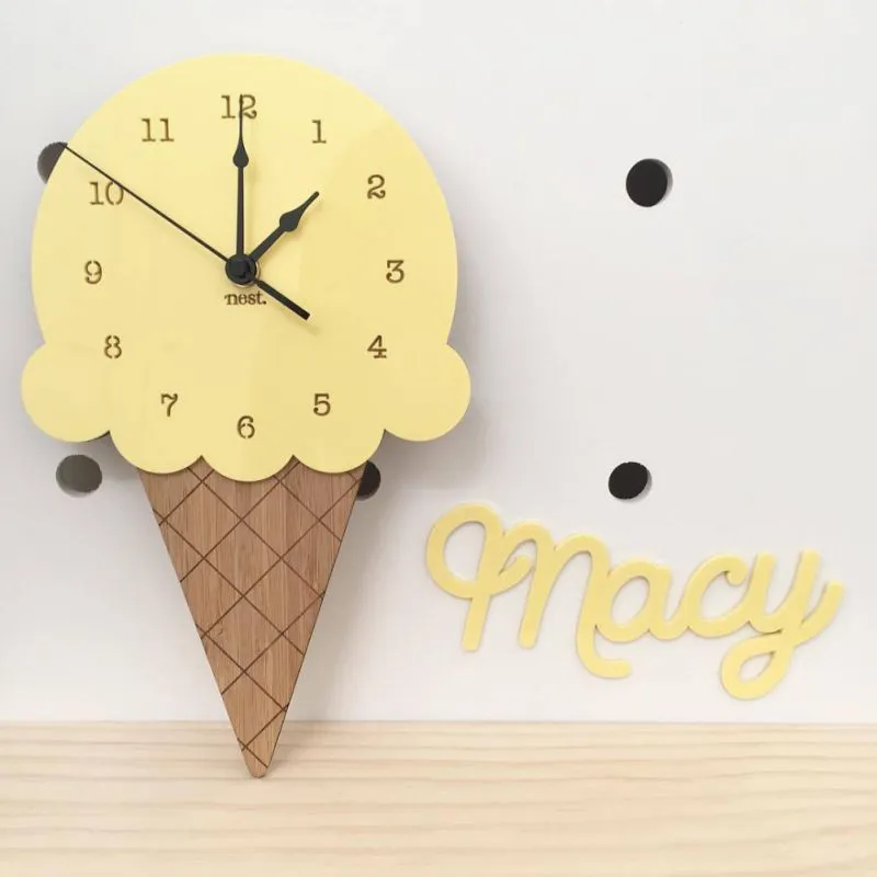 Ice Cream Shape Non-Ticking Wood Wall Clock Kids Room Decor