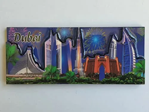 IndiHaatStore Souvenir Fridge Magnet of UAE, Dubai Fireworks in Blue Background, UAE, International Collectors Memorabilia, Metal Embossed Magnet Size 4.75x1.75 inches Approx