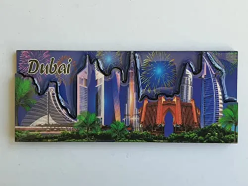 IndiHaatStore Souvenir Fridge Magnet of UAE, Dubai Fireworks in Blue Background, UAE, International Collectors Memorabilia, Metal Embossed Magnet Size 4.75x1.75 inches Approx