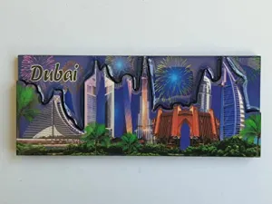 IndiHaatStore Souvenir Fridge Magnet of UAE, Dubai Fireworks in Blue Background, UAE, International Collectors Memorabilia, Metal Embossed Magnet Size 4.75x1.75 inches Approx