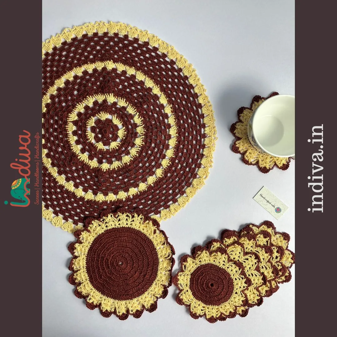 Indiva Beige & Brown 8 Piece Crochet Coaster Set