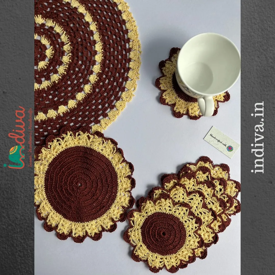 Indiva Beige & Brown 8 Piece Crochet Coaster Set