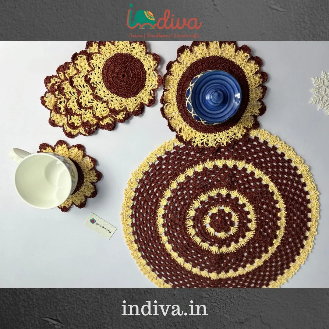 Indiva Beige & Brown 8 Piece Crochet Coaster Set