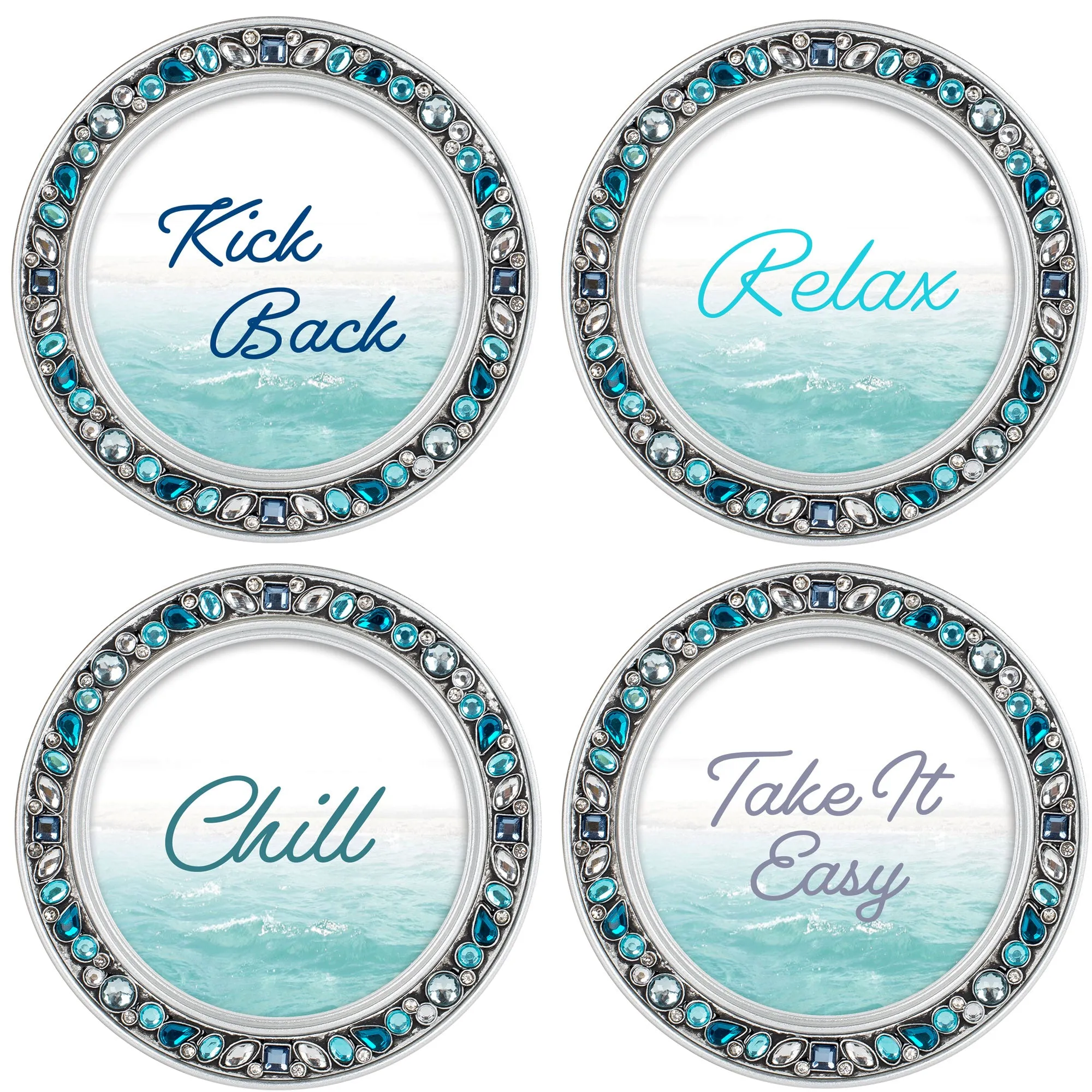 Kick Back and Chill Aqua Silvertone 4.5 Inch Jeweled Coaster Set of 4