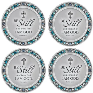 Know I Am God Aqua Blue 4.5 x 4.5 Resin Polymer Jeweled Coaster Set of 4