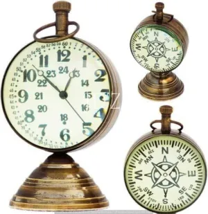 LINE WOOD™ - Handmade Antique Brass Table Clock Desk Clock Nautical Vintage Maritime Small Table Watch Compass for Home & Office Decor (4 Inch - Antique Brass)