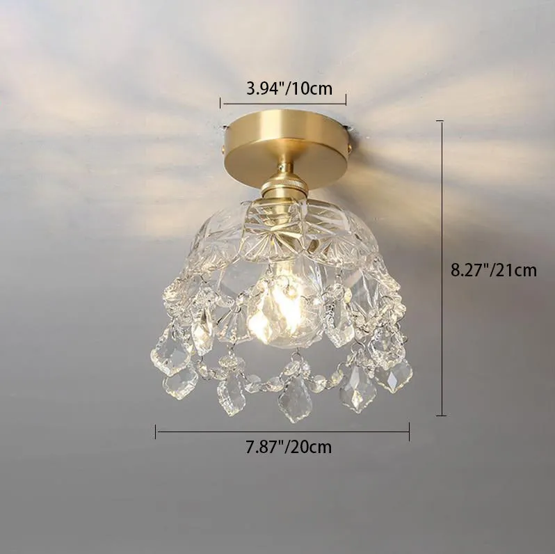 Modern Art Deco Brass Frame Crystal Round Glass Shade 1-Light Semi-Flush Mount Ceiling Light For Living Room