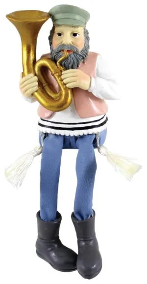 Multicolored Polyresin Sitting Hassidic Figurine With Light Blue Cloth Legs 18 Cm - Tuba Player